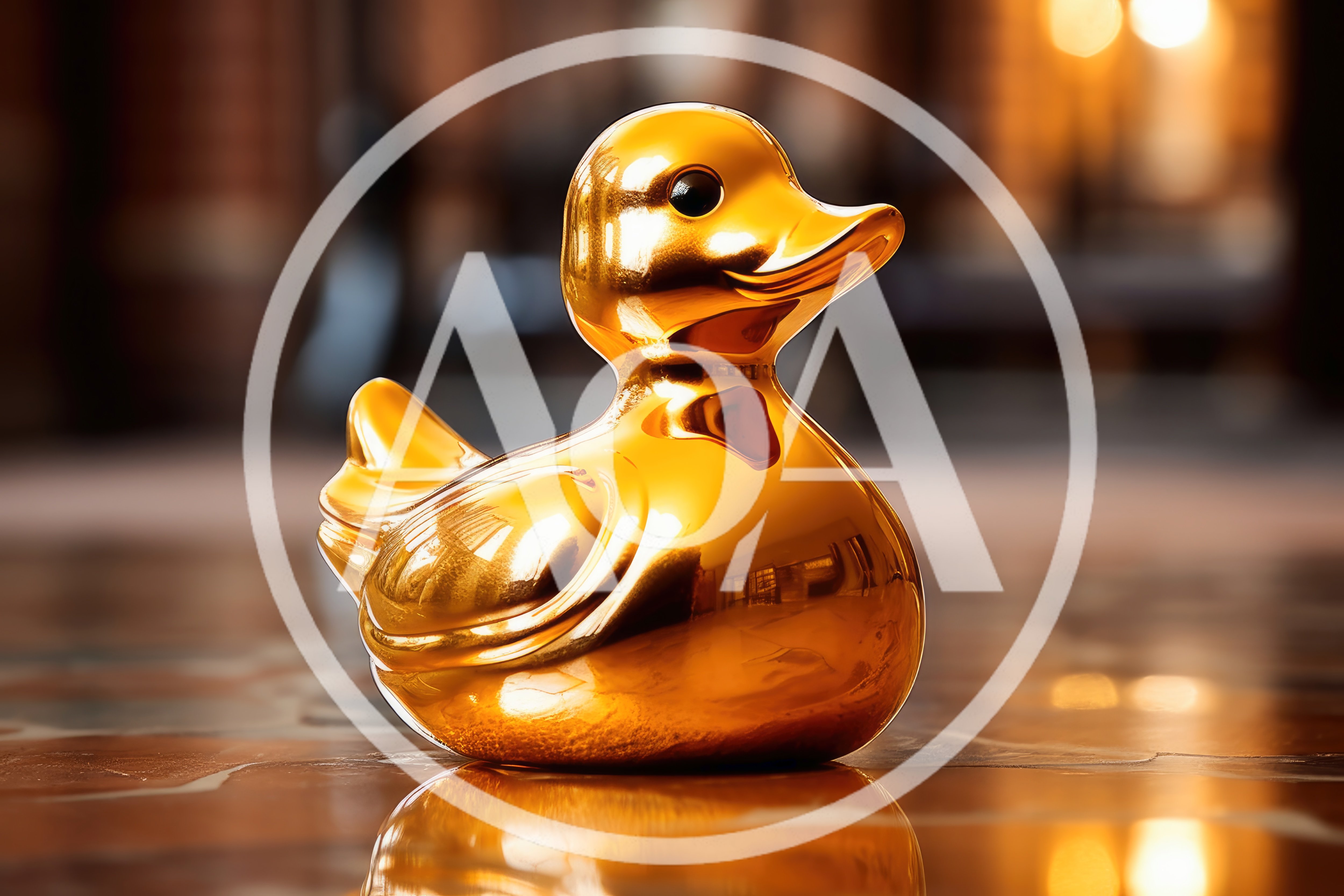 Shiny Golden Rubber Duck On Reflective Surface