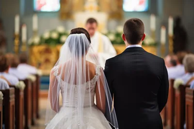 Bride and Groom Standing at Altar During Wedding Ceremony