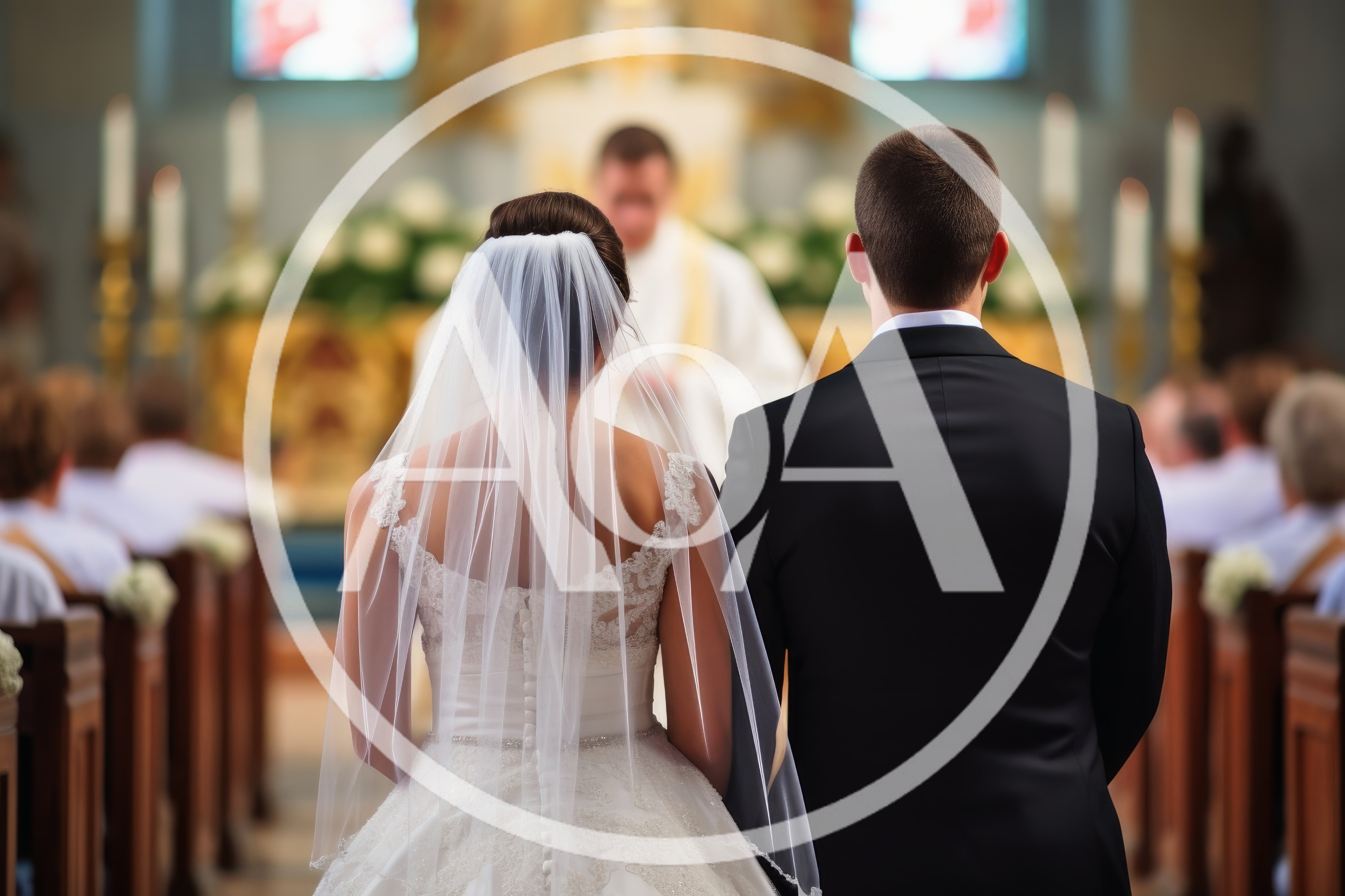 Bride and Groom Standing at Altar During Wedding Ceremony