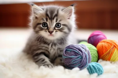 Fluffy Maine Coon Kitten Playing With Colorful Yarn Balls