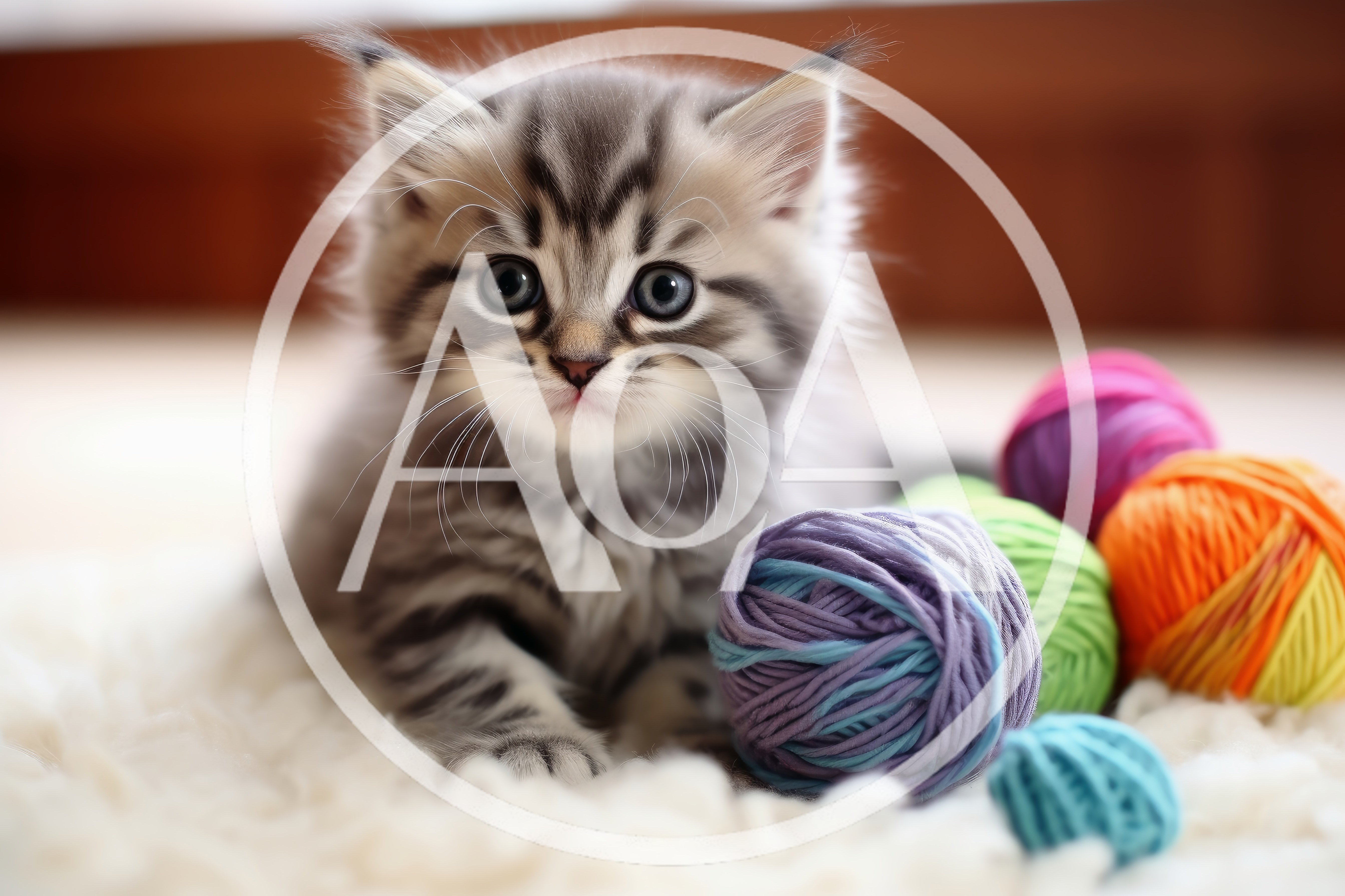 Fluffy Maine Coon Kitten Playing With Colorful Yarn Balls