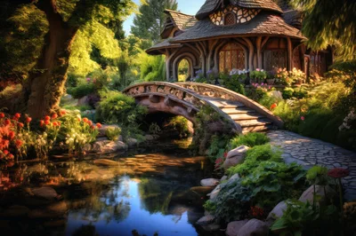 Fantasy Cottage With Stone Bridge Over Garden Pond