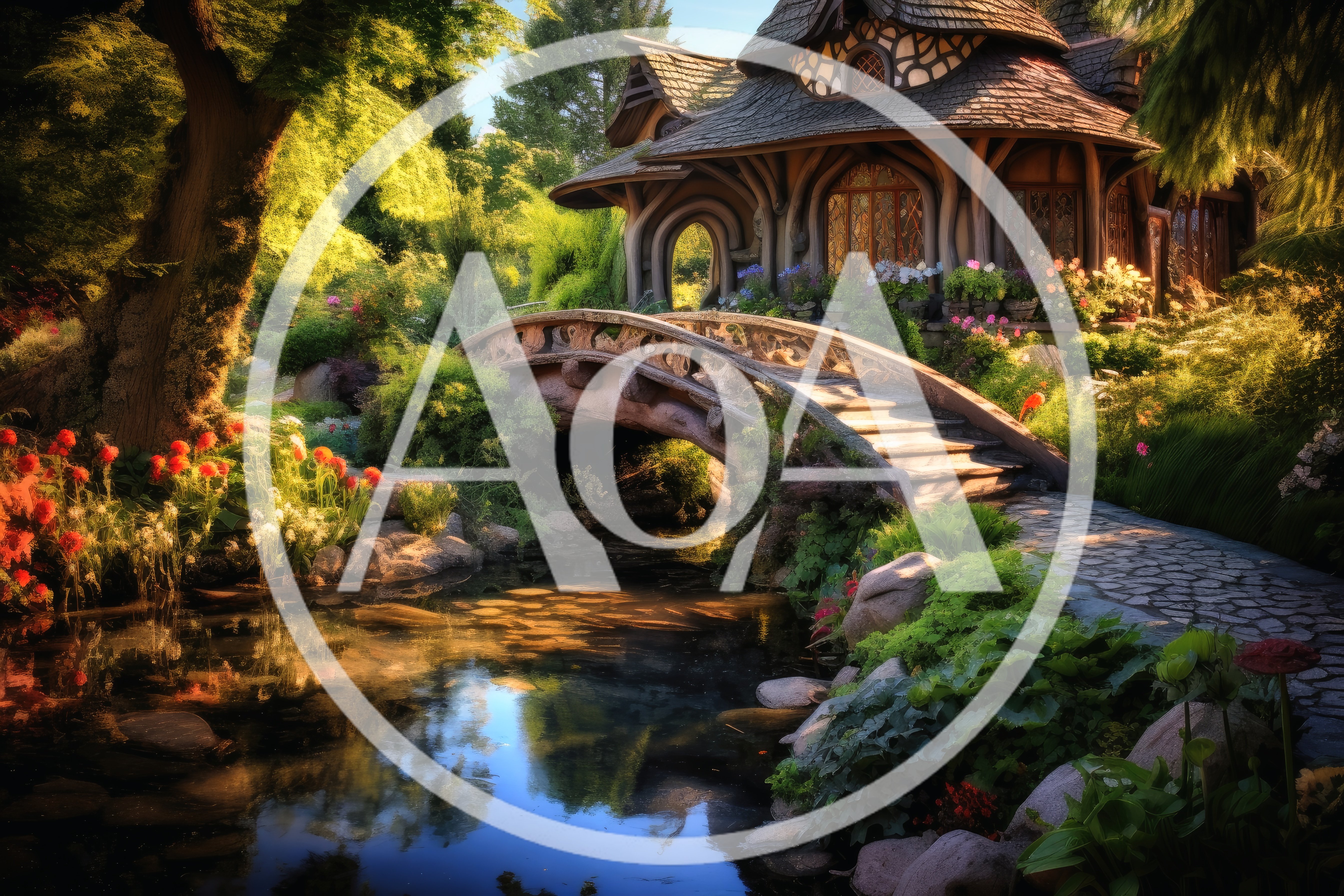 Fantasy Cottage With Stone Bridge Over Garden Pond