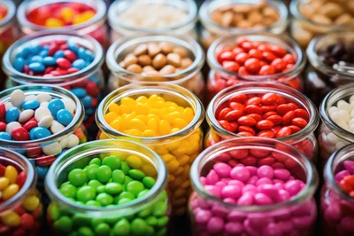 Glass Jars Filled With Colorful Candy Coated Chocolates