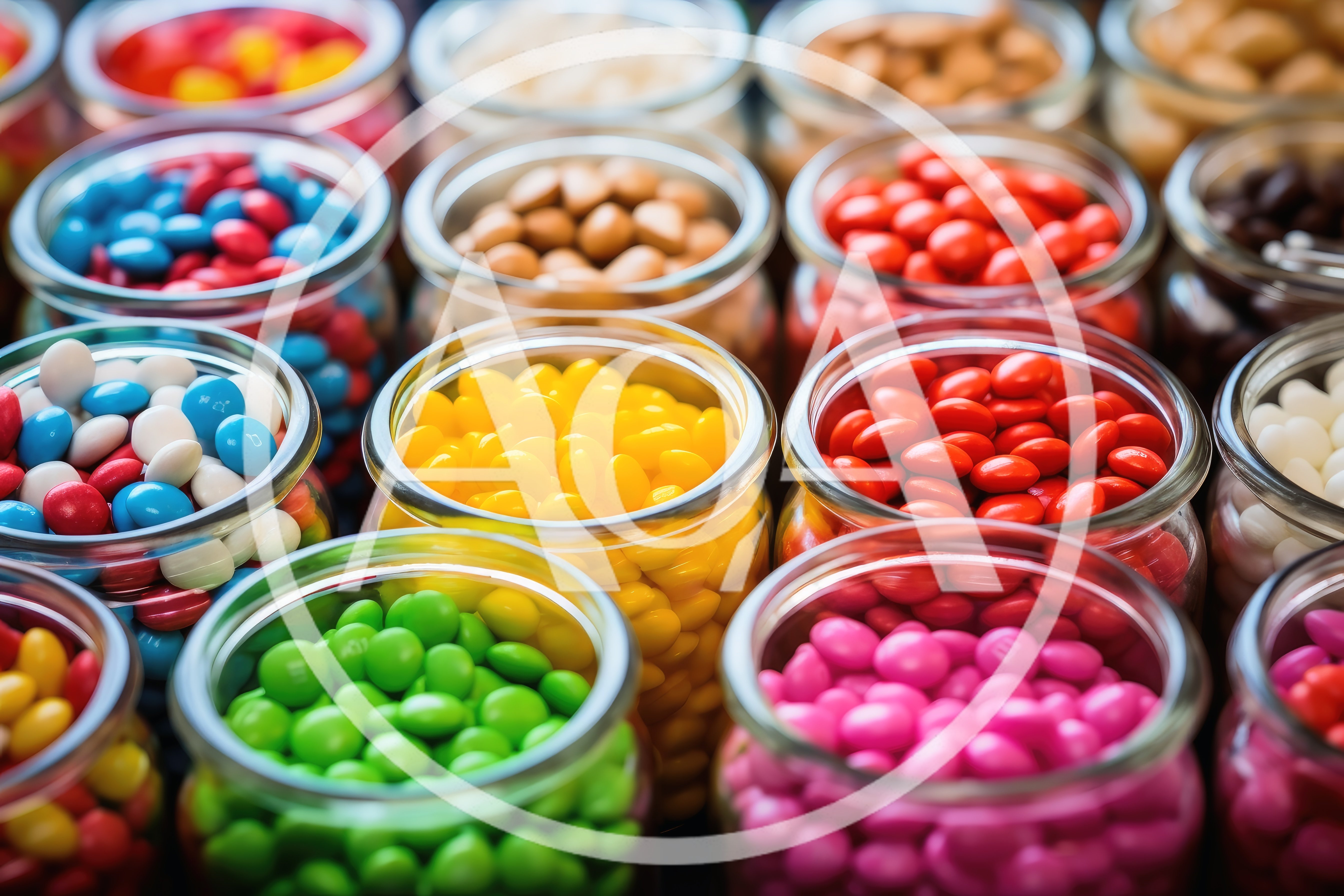 Glass Jars Filled With Colorful Candy Coated Chocolates