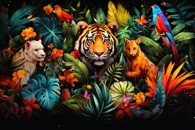 Tiger And Jungle Animals In Vibrant Tropical Foliage