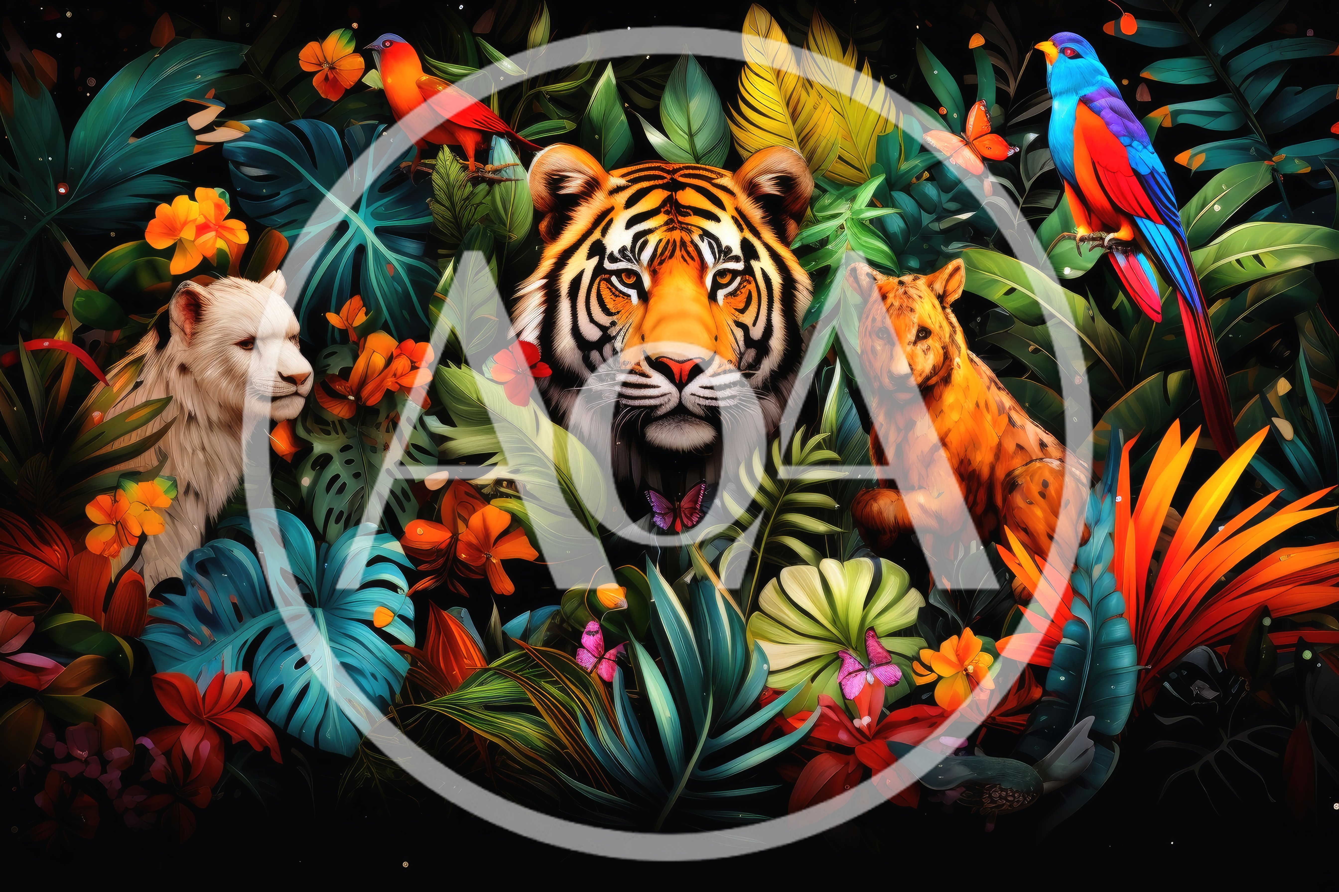 Tiger And Jungle Animals In Vibrant Tropical Foliage