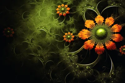 Abstract Fractal Flowers With Orange Petals And Green Foliage