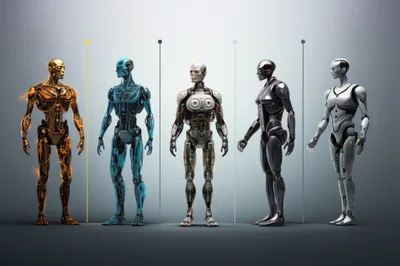 Five Distinct Futuristic Android Robots Standing In A Row