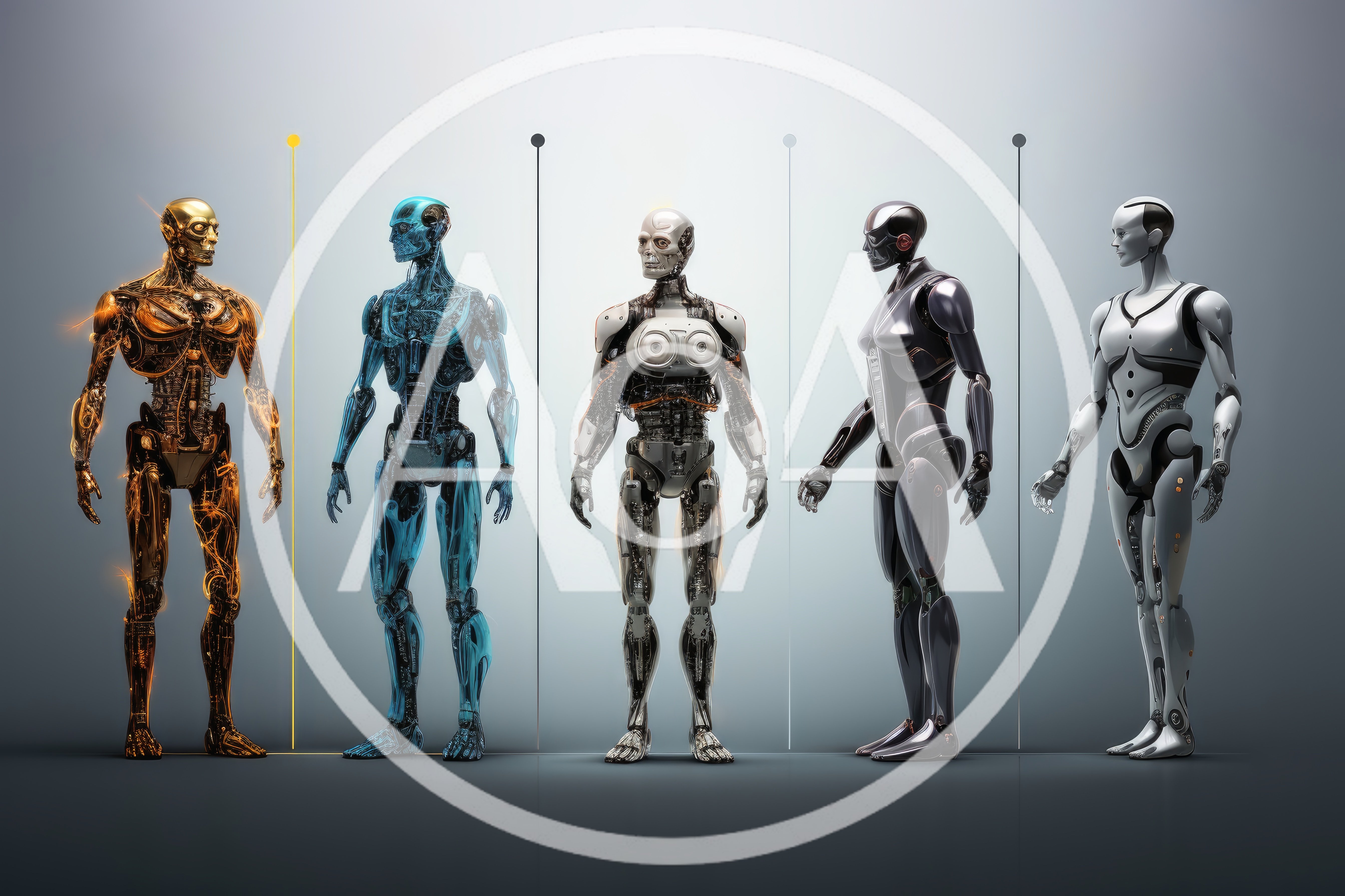 Five Distinct Futuristic Android Robots Standing In A Row