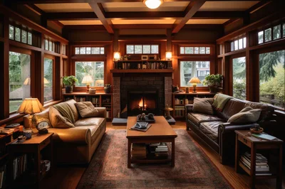 Cozy Craftsman Living Room With Fireplace And Leather Sofas