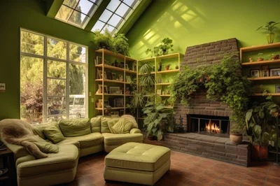 Cozy Sunroom Living Area With Brick Fireplace And Plants