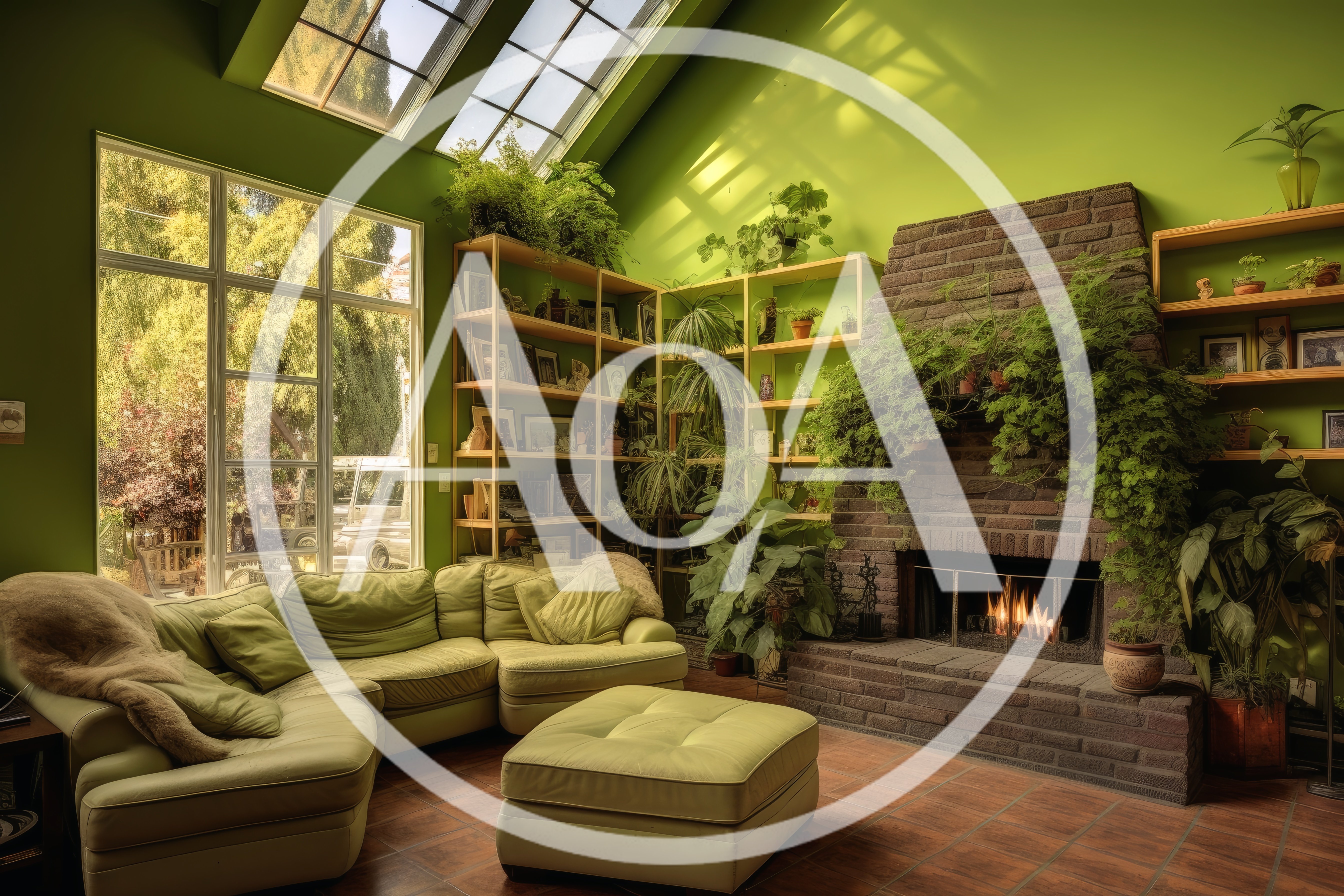 Cozy Sunroom Living Area With Brick Fireplace And Plants