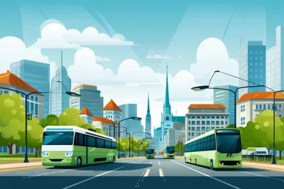 Modern Green Buses Driving Through A Sunny City Street
