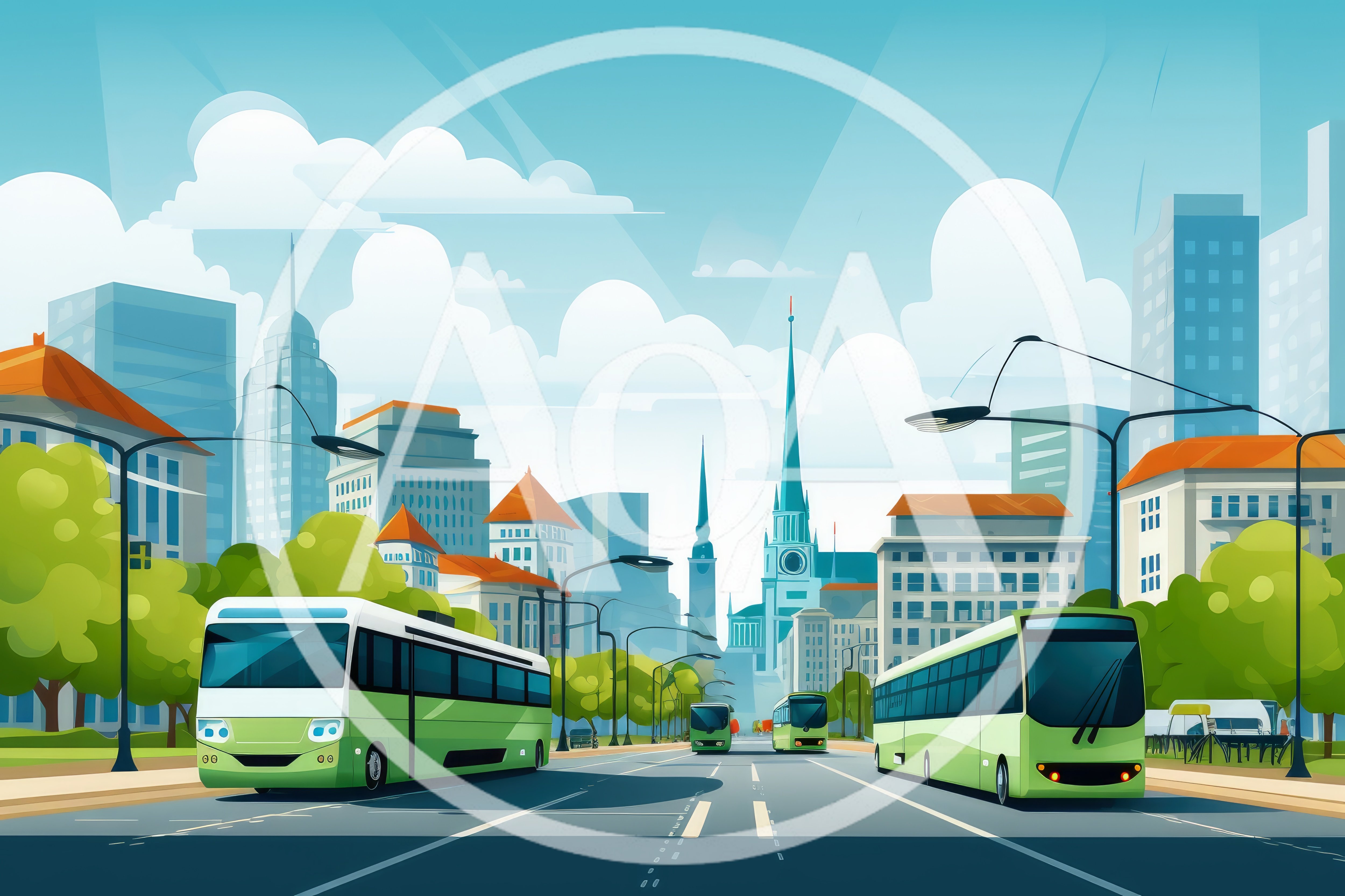 Modern Green Buses Driving Through A Sunny City Street