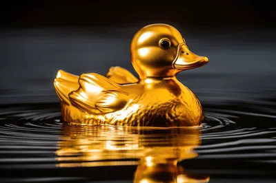 Golden Rubber Duck Floating On Dark Water