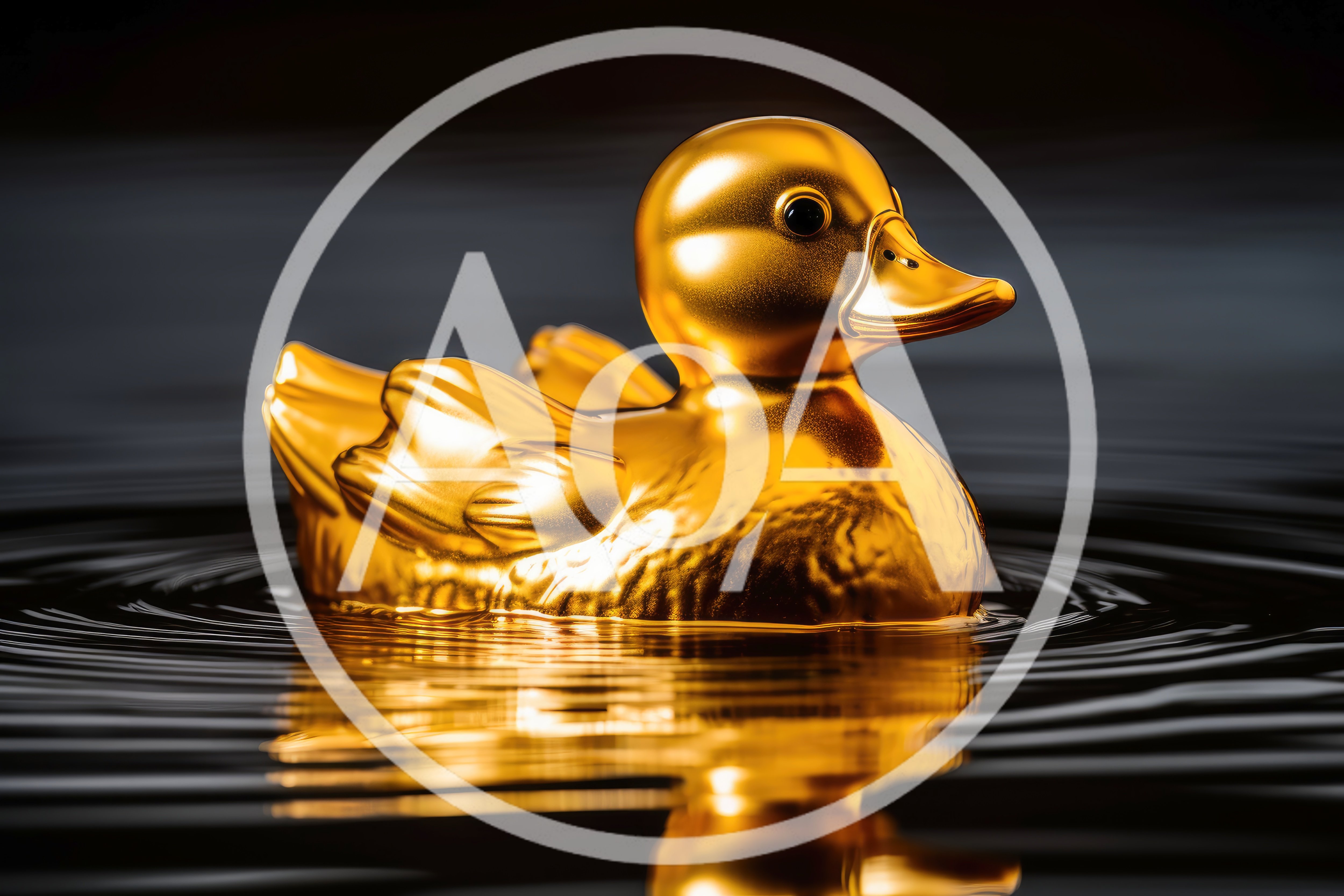 Golden Rubber Duck Floating On Dark Water