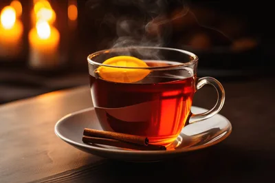 Steaming Cup Of Tea With Lemon And Cinnamon