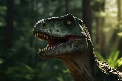Close Up Portrait Of A Realistic Dinosaur In Forest