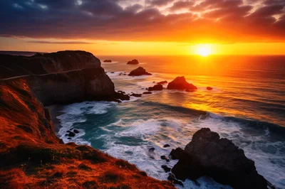 Dramatic Sunset Over Rugged Coastal Cliffs And Ocean