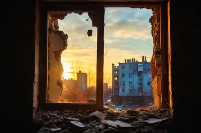 Ruined Window Frame Overlooking War Torn Cityscape
