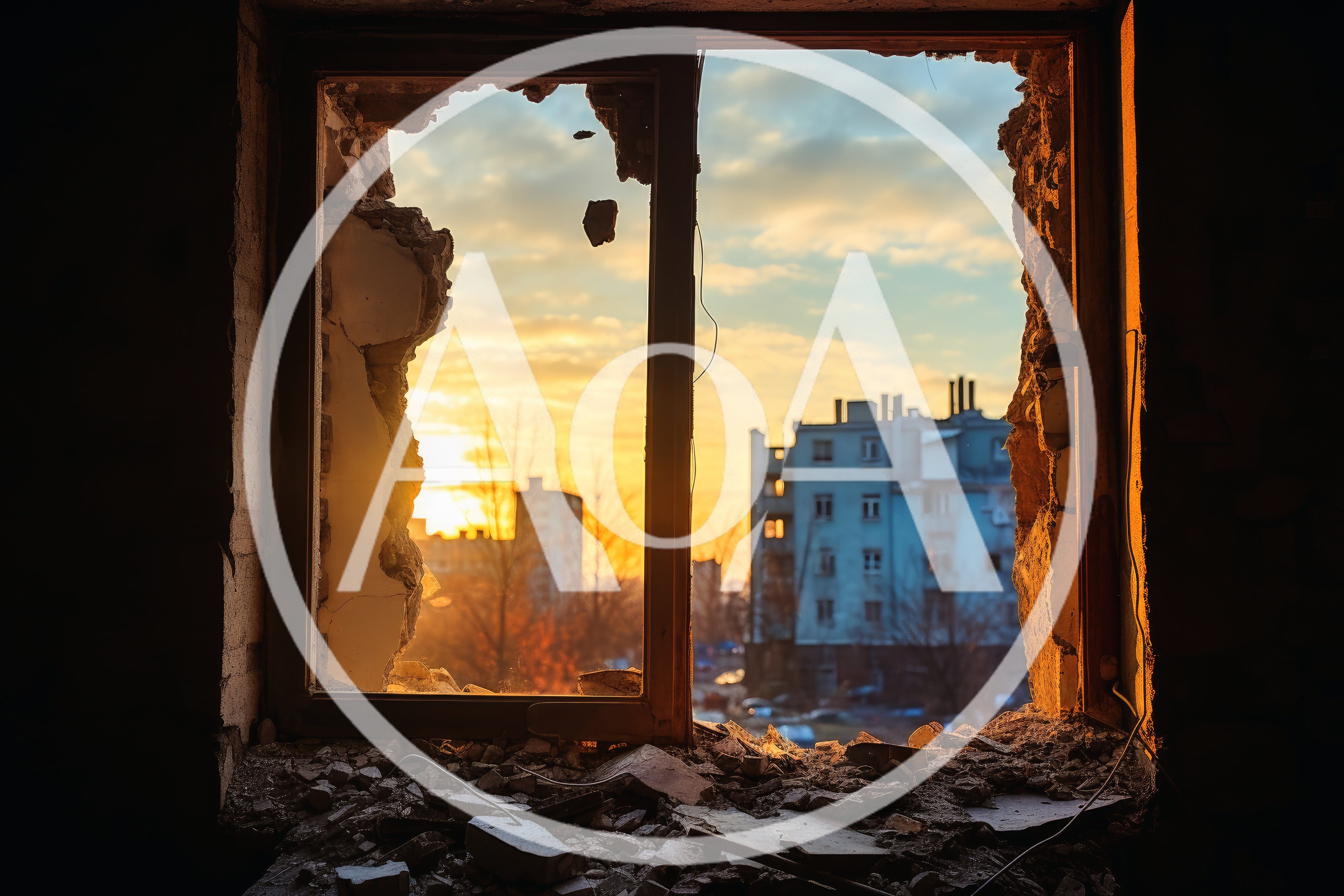 Ruined Window Frame Overlooking War Torn Cityscape