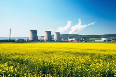 Nuclear Power Plant With Cooling Towers And Yellow Field