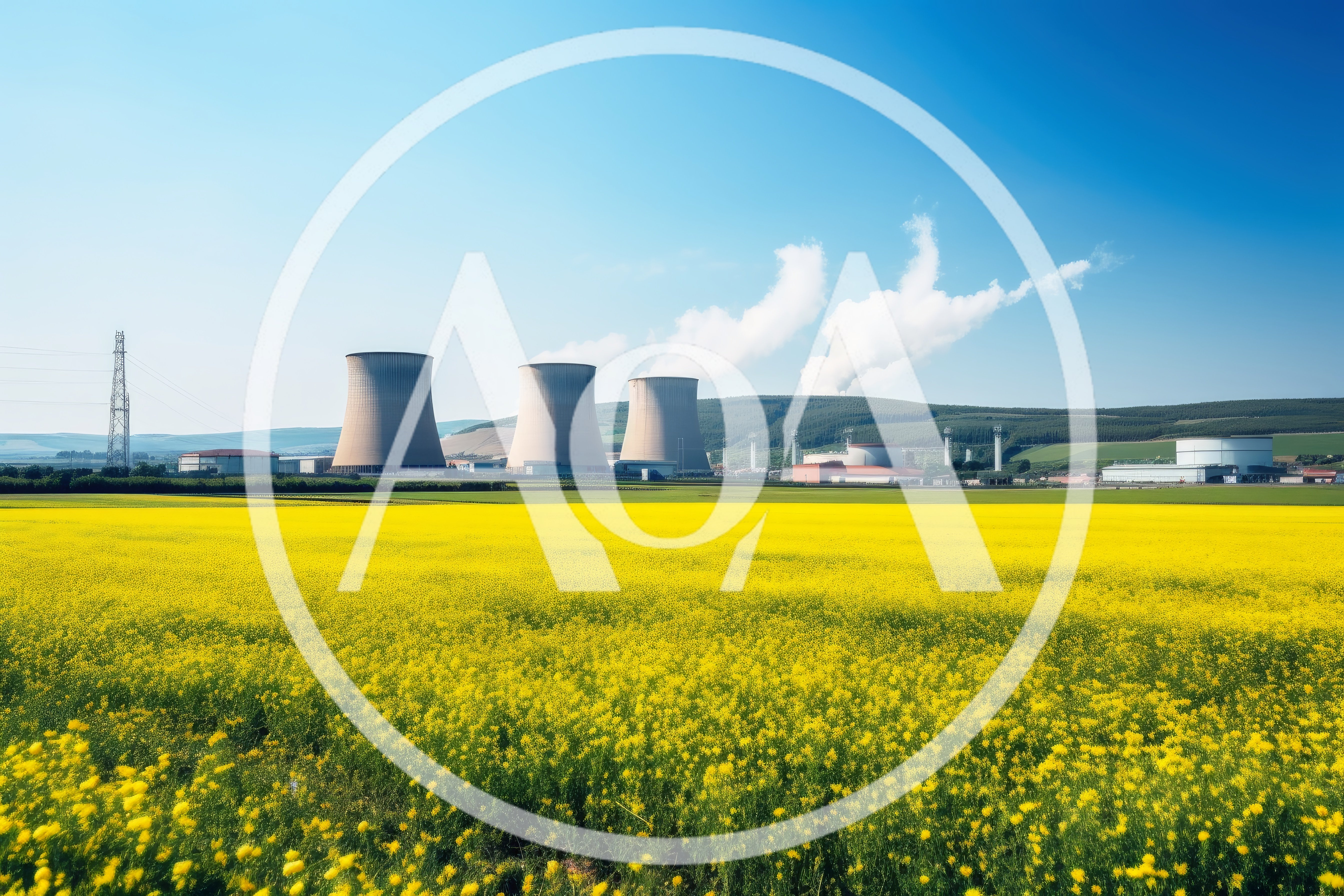 Nuclear Power Plant With Cooling Towers And Yellow Field