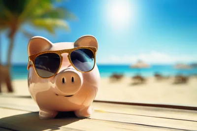 Piggy Bank Wearing Sunglasses On A Tropical Beach