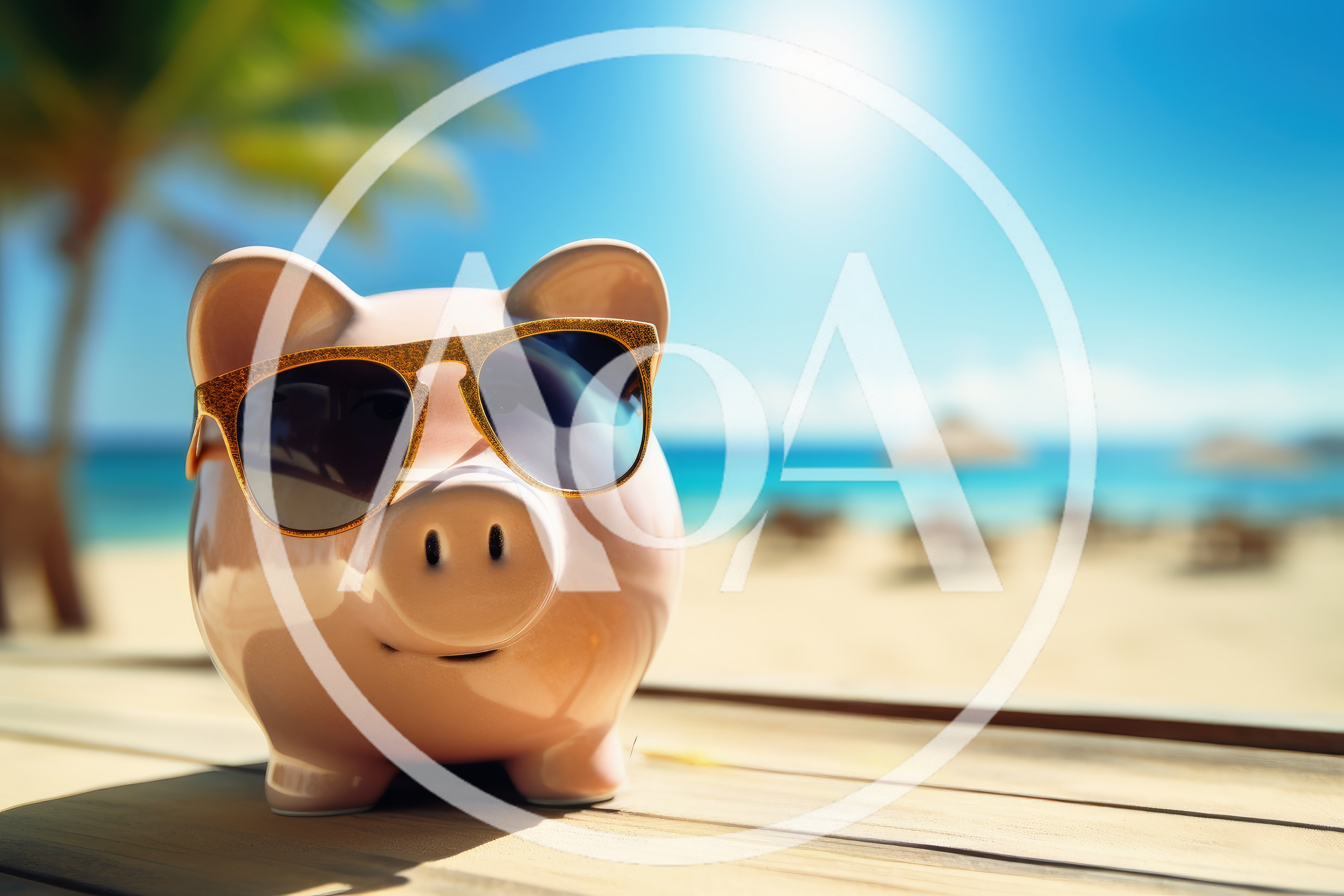 Piggy Bank Wearing Sunglasses On A Tropical Beach
