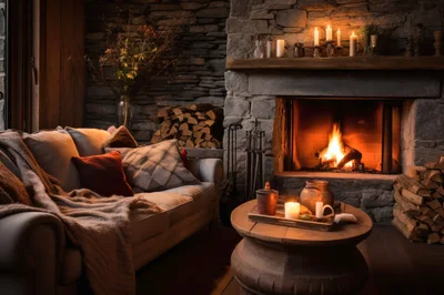 Cozy Living Room With Fireplace And Sofa