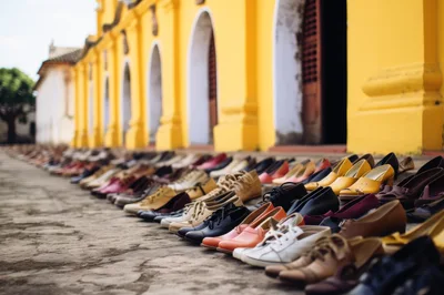Rows Of Assorted Shoes Lined Up On Stone Pavement