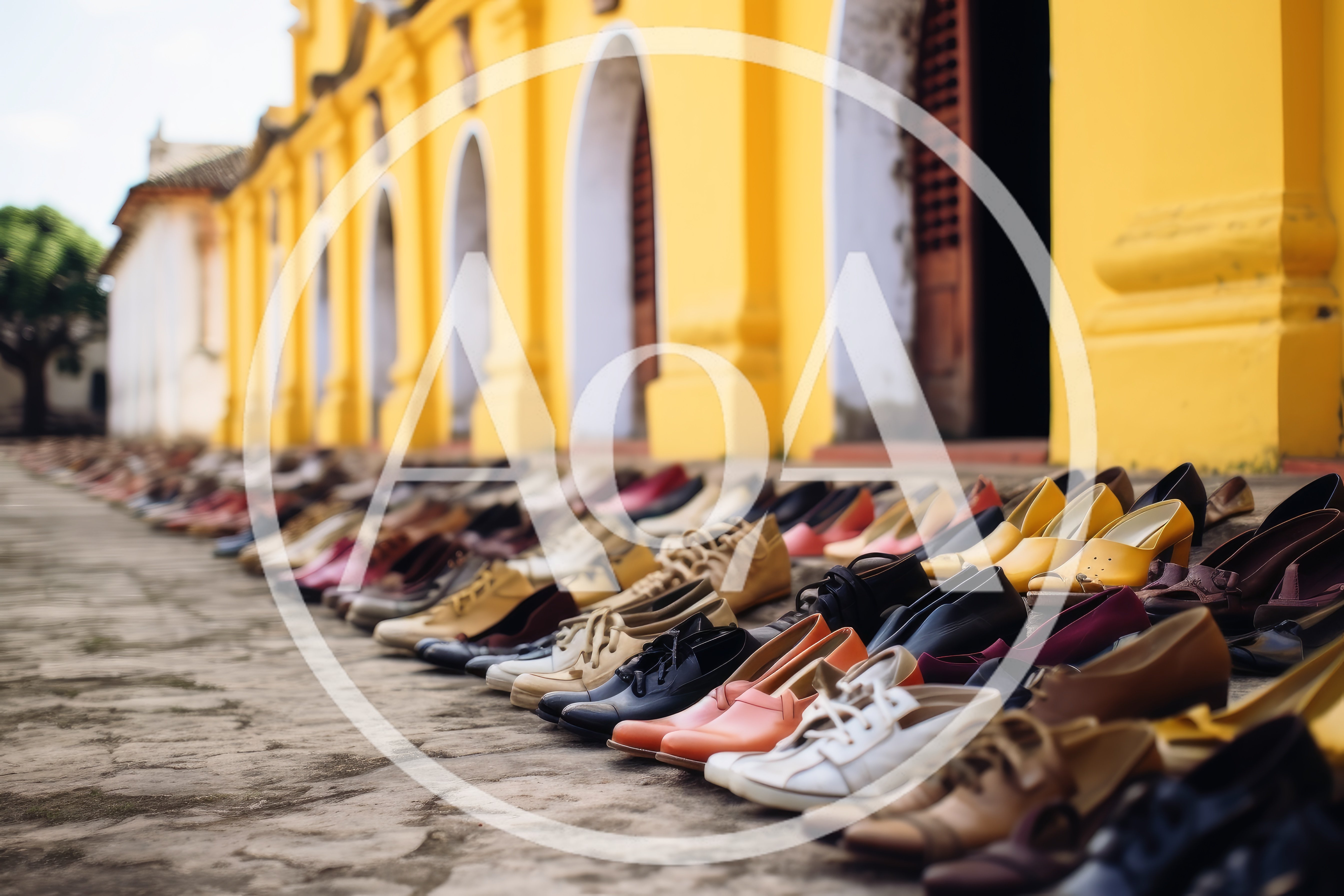 Rows Of Assorted Shoes Lined Up On Stone Pavement