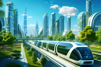 Futuristic Monorail Train Moving Through Green Eco City