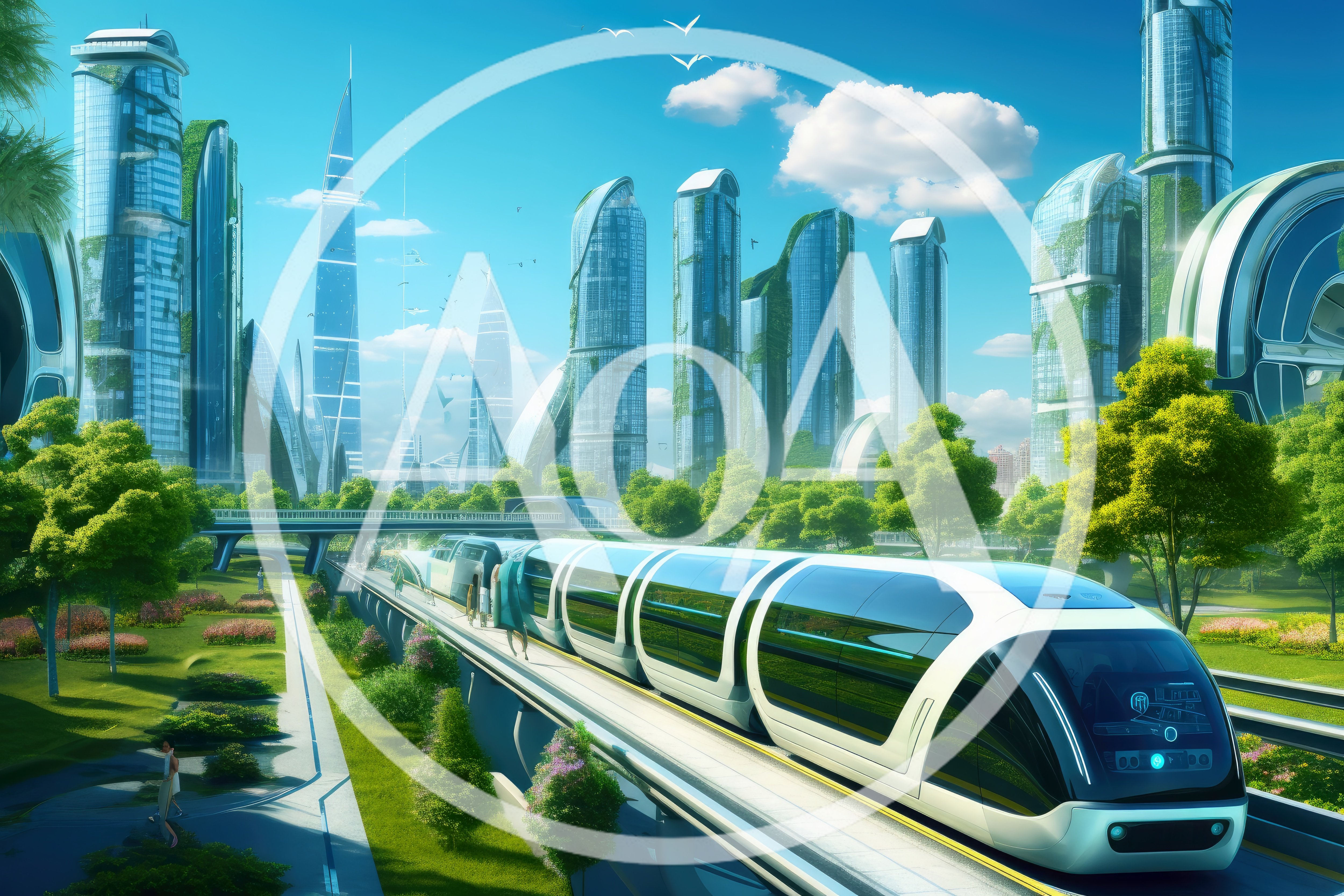 Futuristic Monorail Train Moving Through Green Eco City