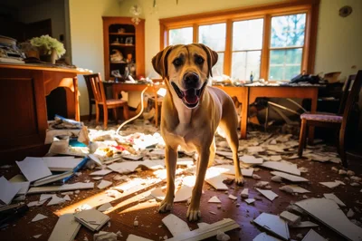 Happy Dog Standing In A Messy Room