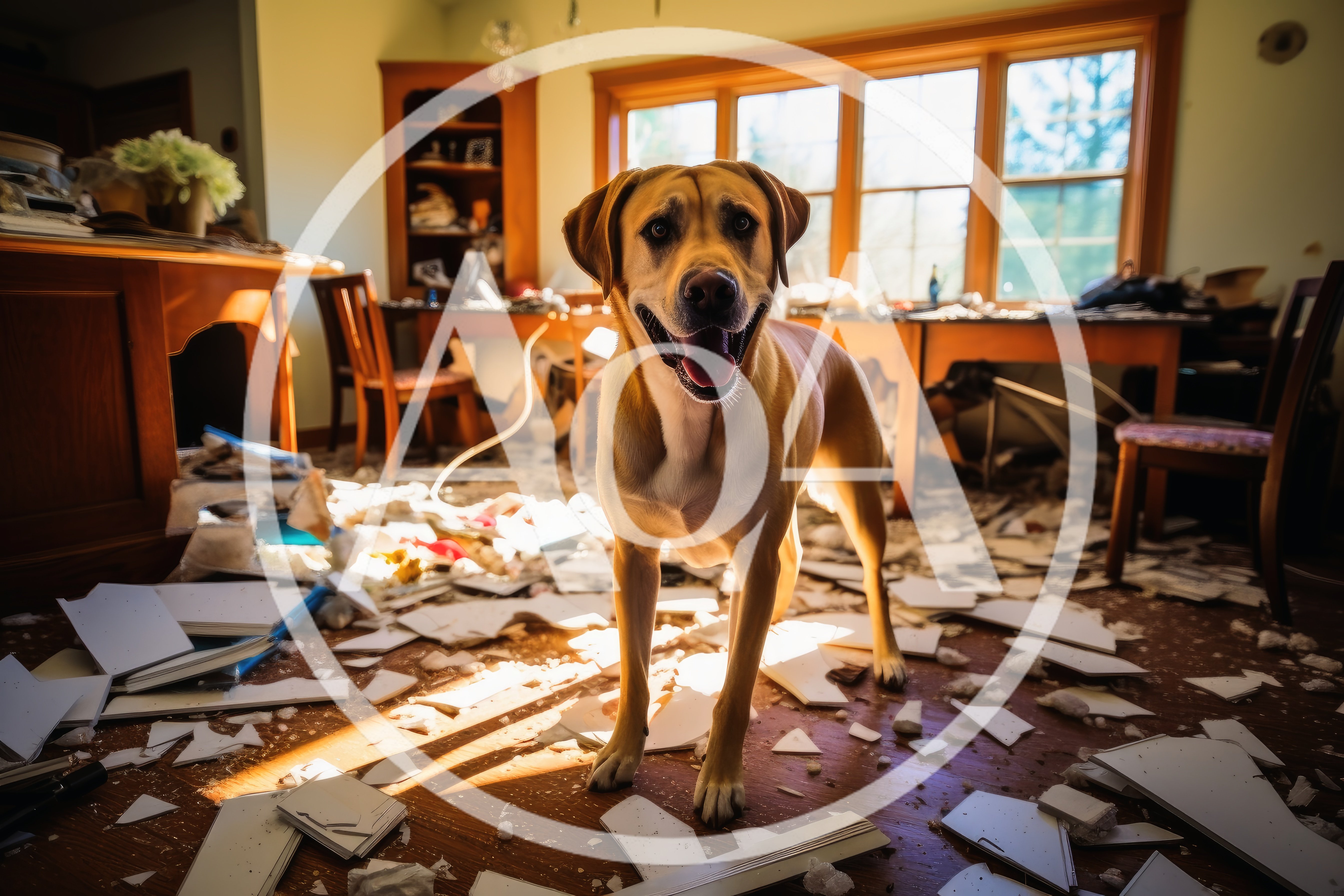 Happy Dog Standing In A Messy Room