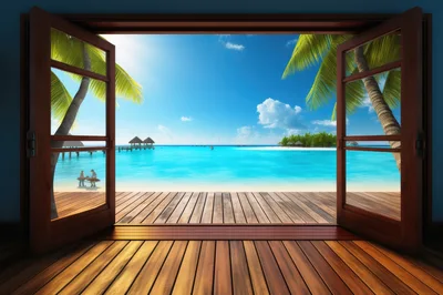 Open Wooden Doors Overlooking A Tropical Beach Resort