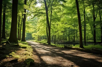 Sunlit Dirt Path Through A Lush Green Forest
