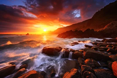 Dramatic Sunset Over Rocky Coastal Shoreline