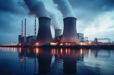 Industrial Power Plant With Cooling Towers At Twilight