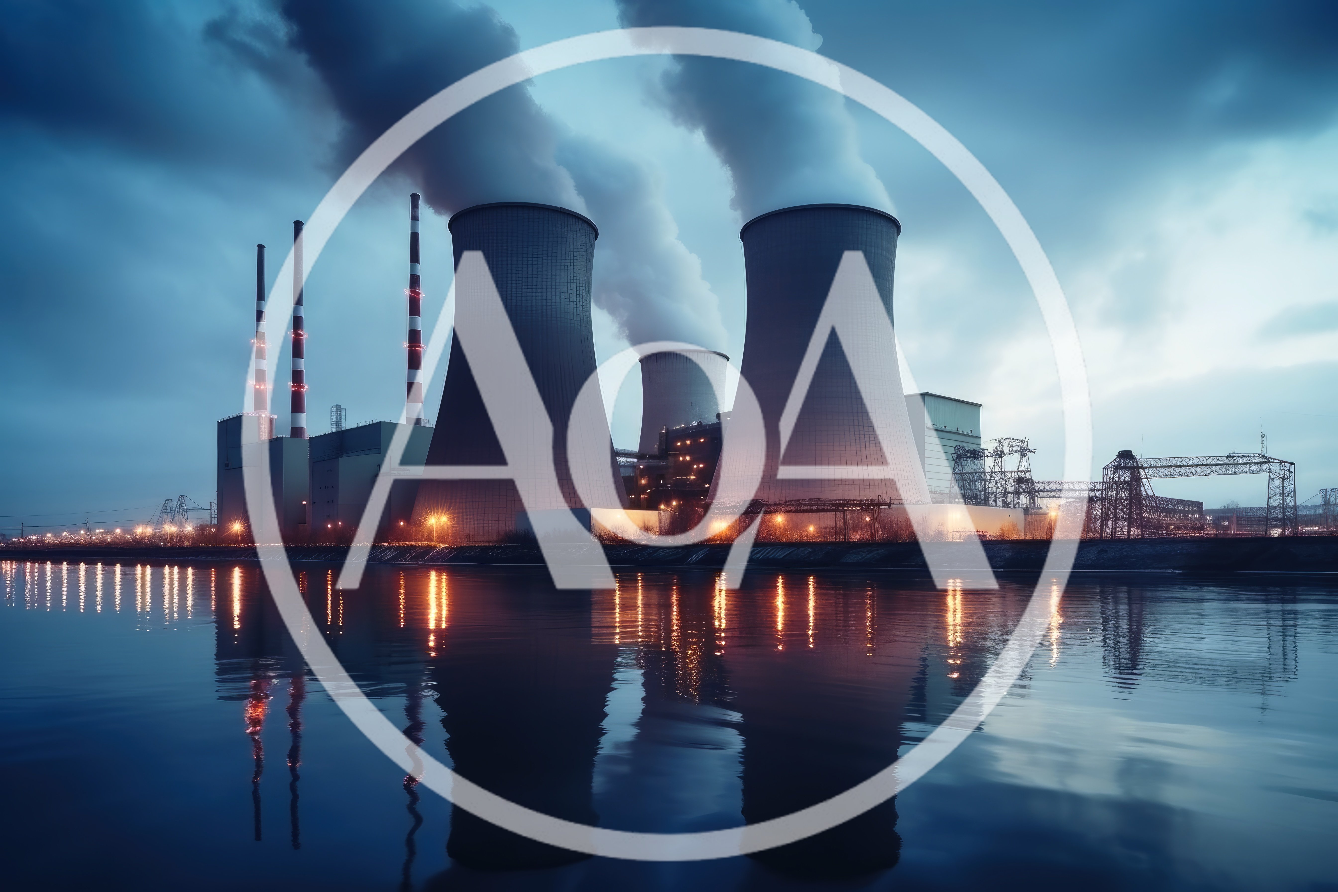 Industrial Power Plant With Cooling Towers At Twilight