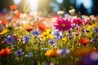 Vibrant Wildflower Meadow Under Golden Hour Sunlight