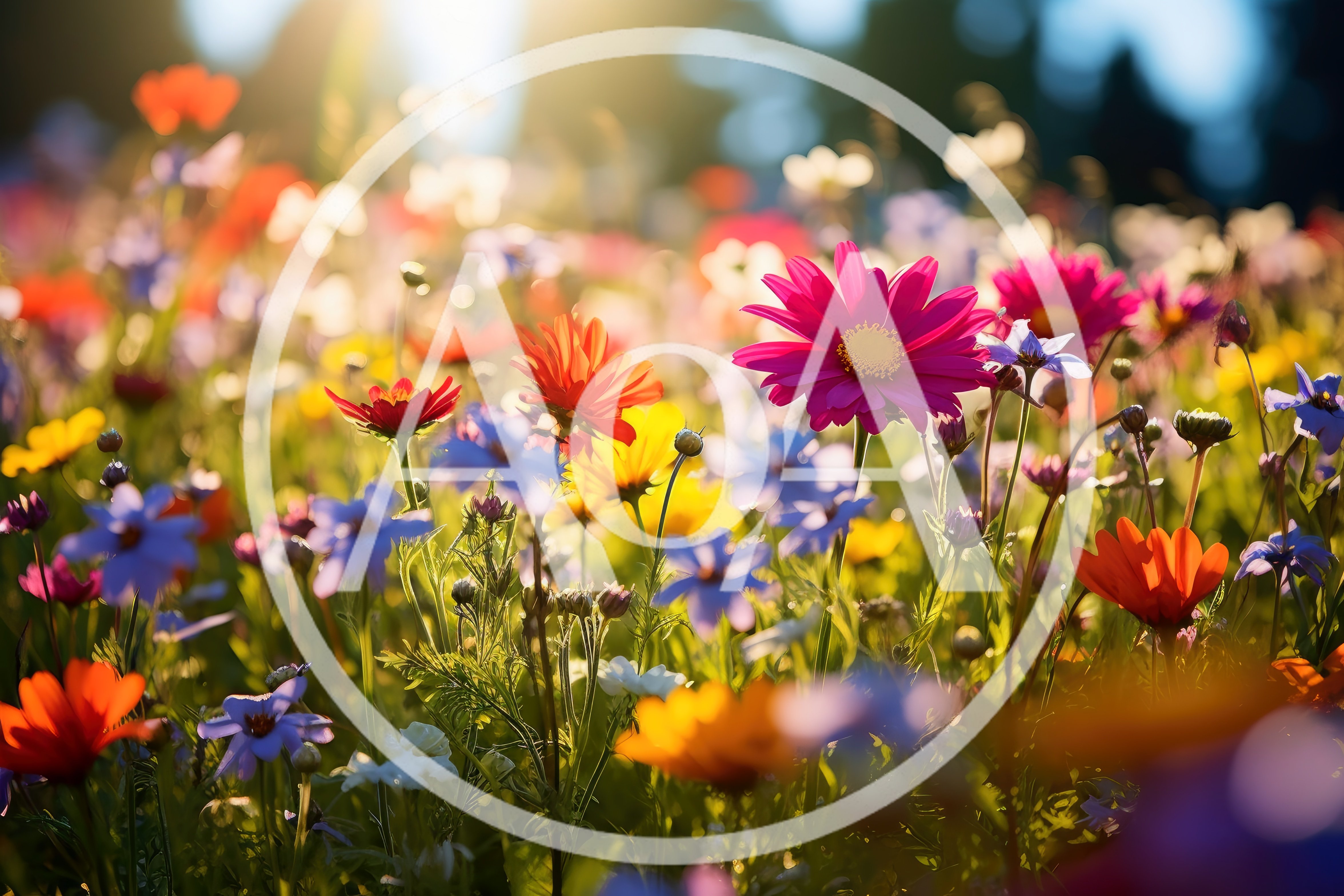 Vibrant Wildflower Meadow Under Golden Hour Sunlight