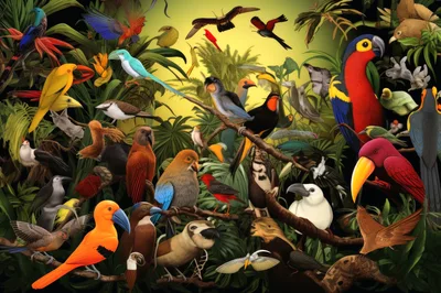 Vibrant Tropical Jungle Scene With Diverse Exotic Birds