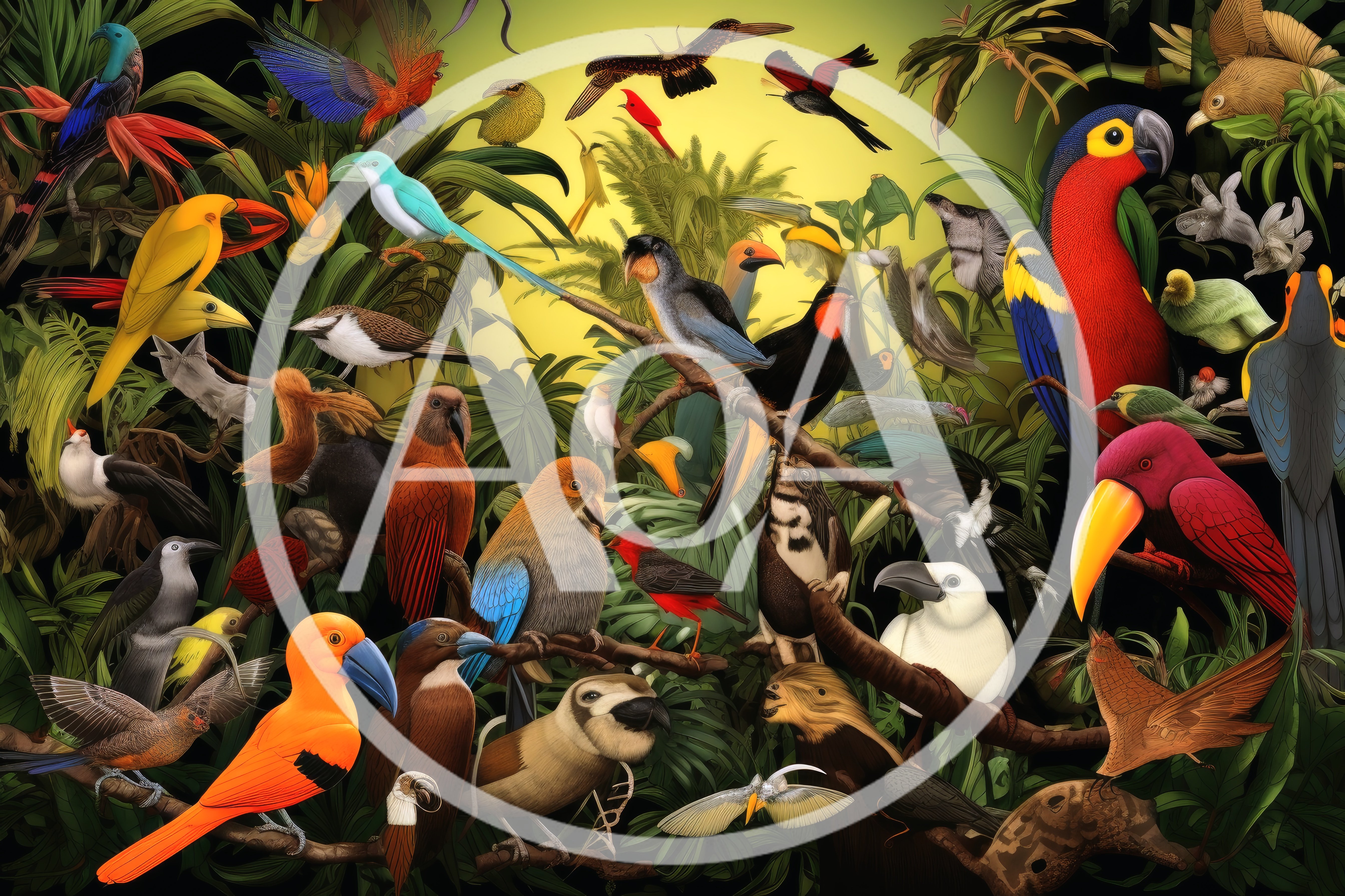Vibrant Tropical Jungle Scene With Diverse Exotic Birds