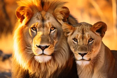 Majestic Lion and Lioness Portrait in Golden Light