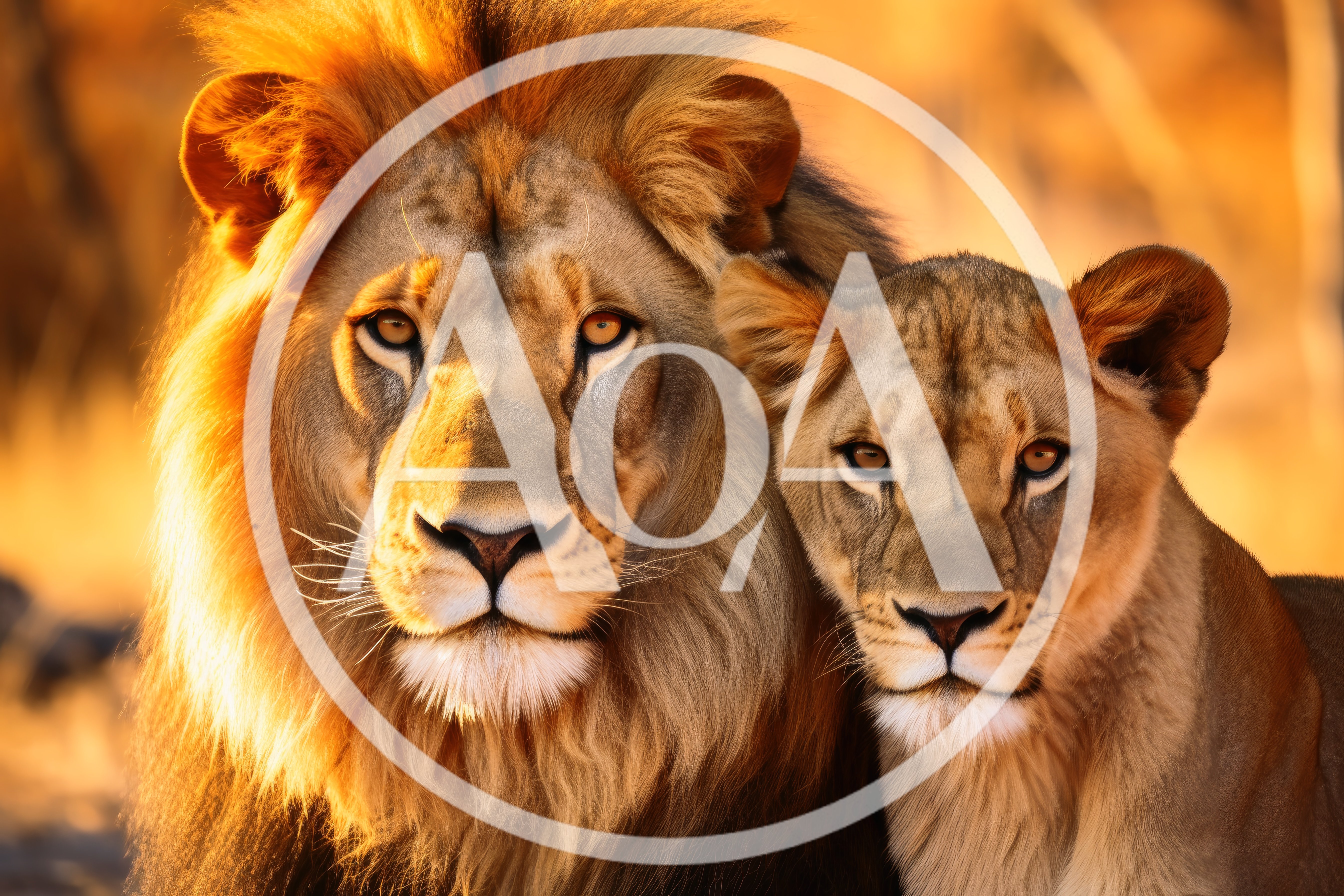 Majestic Lion and Lioness Portrait in Golden Light