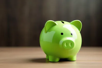 Bright Green Piggy Bank On Wooden Surface