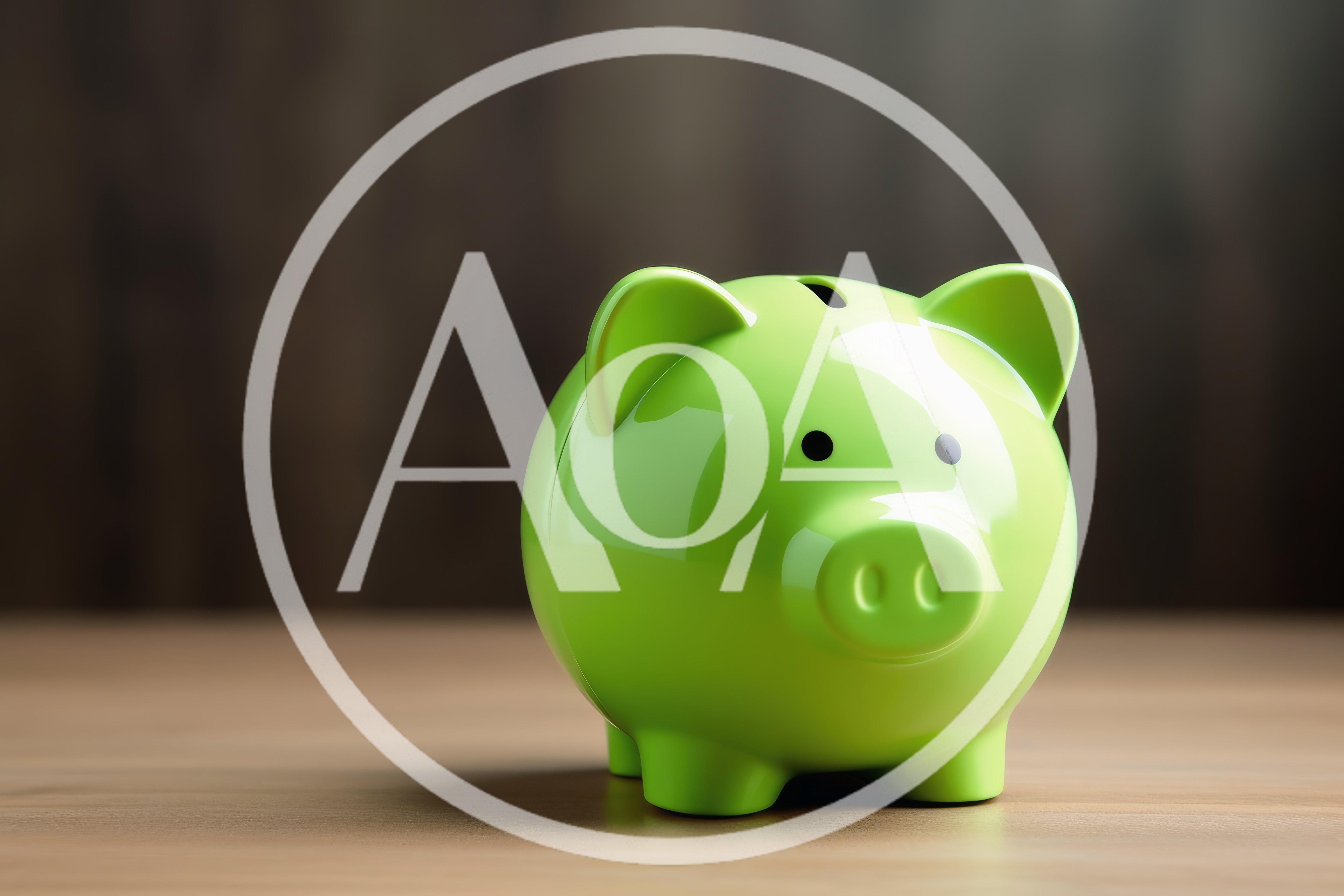 Bright Green Piggy Bank On Wooden Surface